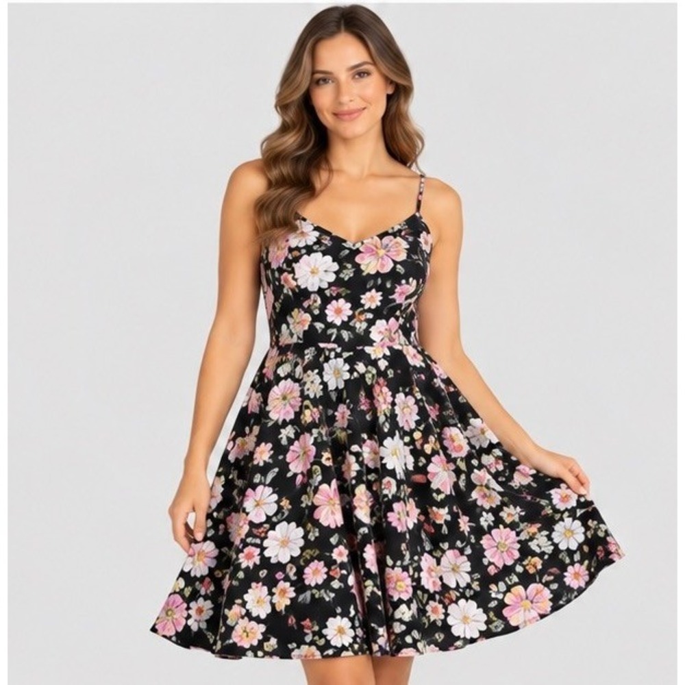 Gap Womens Large Black Floral Cami Dress Fit & Flare Rayon Boho Summer Y2K L